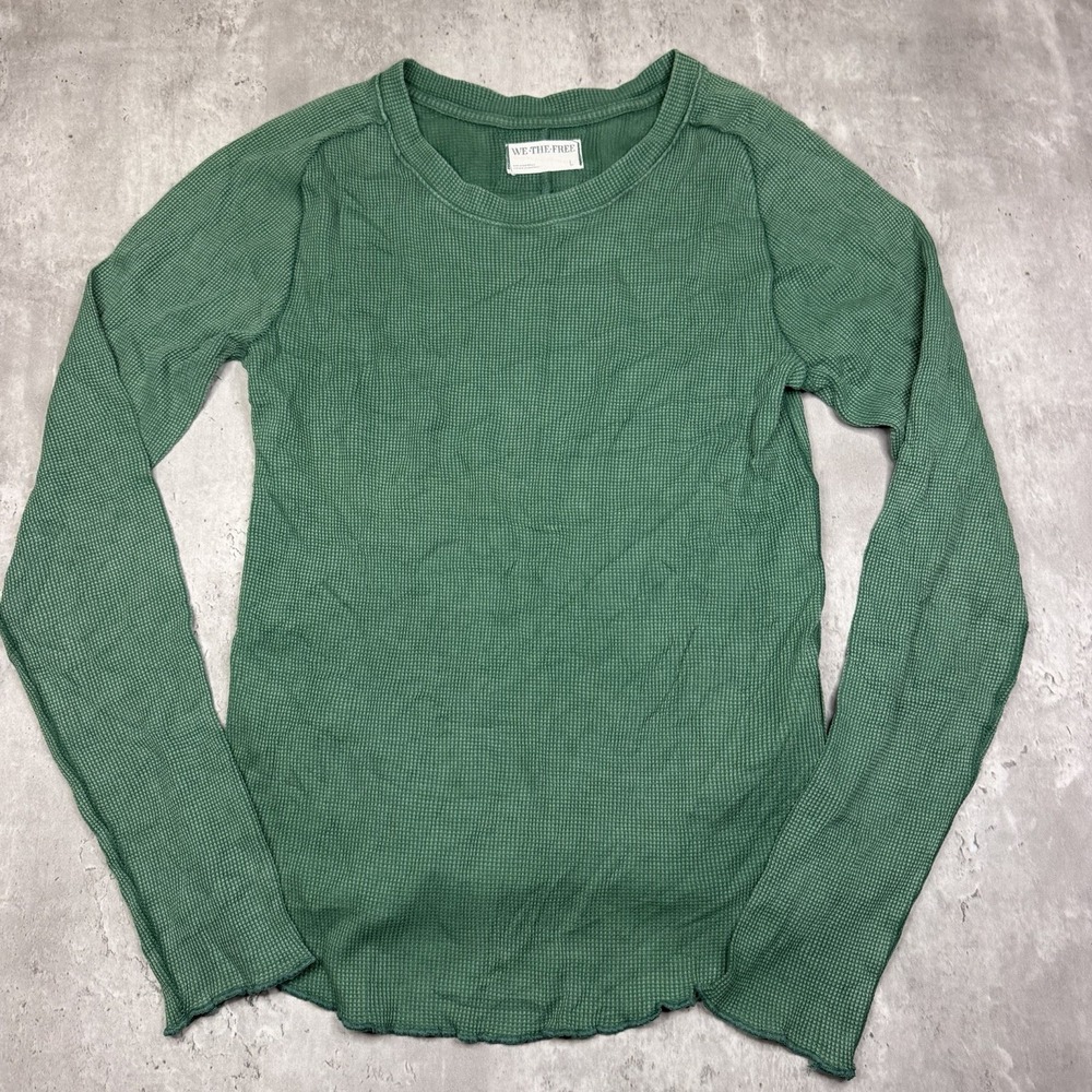Free People We The Free Green Thermal Top Waffle Knit Texture Size L Long Sleeve
